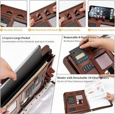 Portfolio Binder Padfolio Folder Organizer Leather Business Card Organizer Clipboard with Calculator- Zippered Portfolio with Handle for Men & Women (Black) in Kuwait