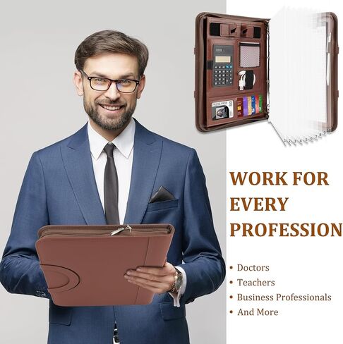 Portfolio Binder Padfolio Folder Organizer Leather Business Card Organizer Clipboard with Calculator- Zippered Portfolio with Handle for Men & Women (Black) in Kuwait