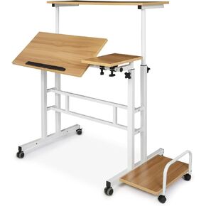 MoNiBloom Mobile Standing Desk Adjustable Height Workstation Rolling Presentation Cart Stand Up Laptop Table with Side Storage for Home Office Classroom with Wheels, Black