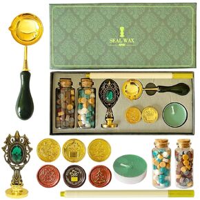 Wax Seal Stamp Kit, Classical Old-Fashioned Antique Gift Box with Wax Sealing Beads for Cards Invitations (Bronze Dark Green)