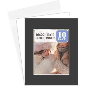 Golden State Art, Pack of 10 16x20 Black Picture Mats Mattes with White Core Bevel Cut for 11x14 Photo + Backing + Bags