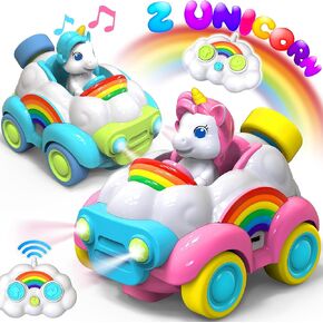 HopeRock Unicorn Toys Remote Control Cars,Toys for Ages 2-4,Gifts for 2 Year Old Girls 2 Pack with LED Lights,Music,and Sound,Birthday Gift for 2 3 4 5 6 Year Old Girls(Blue and Pink)
