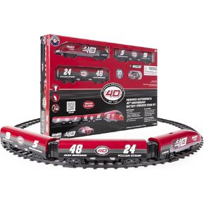 Lionel Battery-Operated NASCAR HMS 40th Anniversary Miniature Toy Train Set with 1:64 Die-cast Car, Locomotive, Train Cars, & Track with Authentic Train Sounds, Lights, for Kids 4+