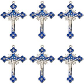 FASHEWELRY 10Ps Alloy Cross Enamel Charms Crucifix Cross Pendant Blue Enamel Jesus Pendants for Rosary Necklace Jewelry Making Accessory