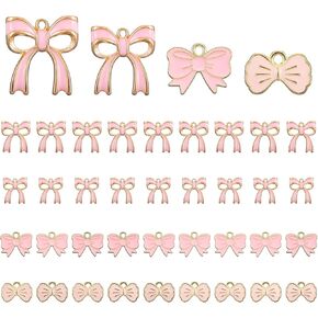 40Pcs Bow Charms for Jewelry Making 4 Styles Pink Enamel Bowknot Charms Bulk Cute Bow Charms for Bracelets Necklace Earrings DIY Craft Supplies