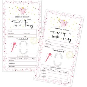 20 Packs Tooth Fairy Receipt Cards Pink Lost Tooth Certificate Large Dental Tooth Lost Chart for Classroom Home Reward Keepsake, 3.5 x 6.5 Inch