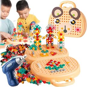 صندوق أدوات اللعب السحري من TEZKIM Montessori مع صندوق أدوات إبداع المثقاب الكهربائي مع مثقاب للأطفال DIY ألعاب هندسية تعليمية إبداعية للأعمار من 3 إلى 12 عامًا (بني)