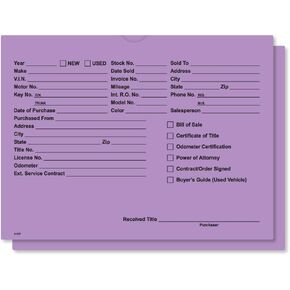 Printed Vehicle Deal Jackets for Auto Car Dealerships - Dealer Supplies - New and Used Cars - 100 Quantity (Lavender)