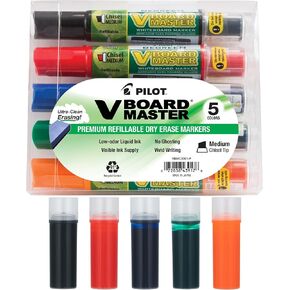 PILOT V Board Master Refillable Dry Erase Markers, Assorted Colors, 5 Count with refills (16726)