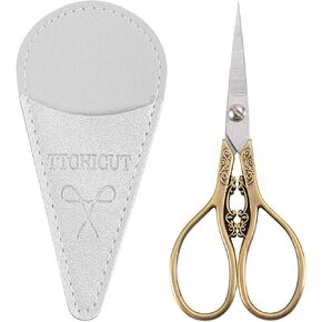 Vintage European Style Stainless Steel Auspicious Clouds Scissors for Needlework, Embroidery, Sewing, Craft, Art Work & Everyday Use, with PU Leather Sheath (Vintage color)
