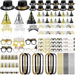 402 Pieces 2025 New Year's Eve Party Supplies for 100 Guests Includes Top Hats Cone Hats Tiaras Glasses Horns Squawkers Blowouts Bead Necklaces Lei Necklace Happy New Year Party Favors