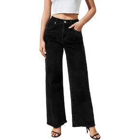 Straight Leg Jeans for Women High Waisted Stretchy Boyfriend Jeans Frayed Raw Hem Loose Jeans Casual Baggy Jeans