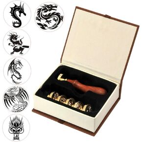 Dragon Wax Seal Stamp Set, VIHOME 6 Pieces Sealing Wax Stamps Copper Seals + 1 Piece Wooden Hilt, Vintage Antique Chinese Dragon Seal Wax Stamp Kit (6 Pieces Dragon Wax Seal Stamp Set)