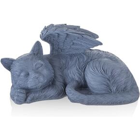 Cat Memorial Sculpture, Big Greey Resin Statue with Angel Wings, Pet Tribute for Indoor Decoration or Outdoor Backyard Garden