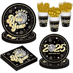YQUQWN 168 PCS New Year Disco Tableware Set 2025 New Years Eve Party Supplies 2025 Disposable New Year Disco Plates Napkins Cups Spoons Forks and Knives Set 2025 NYE Decorations Serves 24