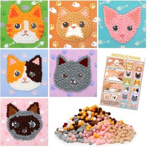 Upltowtme DIY Pom-Poms Art, Cat Crafts Kit for Kids Pet Toddler Crafts for Boys Girls Ages 3-5 - Sensory Activity Creativity 6 Patterns