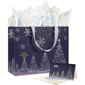 Bobobag 13" Deep Blue Large Christmas Gift Bag with Tissue Paper and Greeting Card, Personalized Platinum Quality Gift Bag for Man's Present