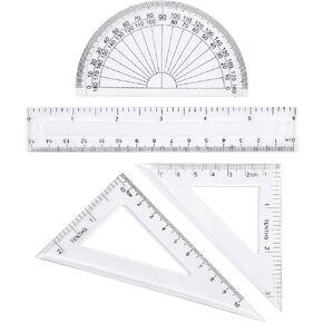 winemana 4 Pcs Math Geometry Set Includes Protractor, Metric Straight Ruler, Triangle Ruler, Transparent Plastic Drafting Tools Set for School and Office Supplies