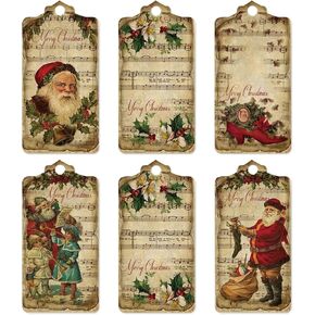 Whaline 100Pcs Vintage Christmas Paper Gift Tags Santa Claus Hanging Name Tags with Hemp Rope Retro Label Tags for Xmas Winter Holiday Party Favor Decor Supplies, 5 Designs