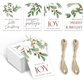 Christmas Paper Gift Tags, 100pcs Watercolor Xmas Tree Pinecone Tags, Gift Wrapping Name Tags with Hemp Rope, Christmas Tree Tags for Xmas Decor 4 Design