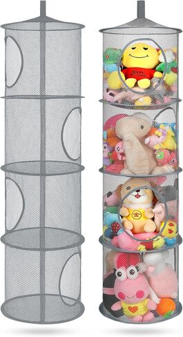 Hanging Stuffed Animal Storage Hammock Net 4 Tiers, Black | Hanging Mesh Storage Organizer for Kids Room, Holds Plushies, Gloves, Hats, Socks, Foldable Space-saving Design in Saudi Arabia