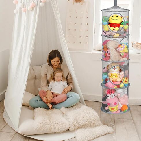 Hanging Stuffed Animal Storage Hammock Net 4 Tiers, Black | Hanging Mesh Storage Organizer for Kids Room, Holds Plushies, Gloves, Hats, Socks, Foldable Space-saving Design in Saudi Arabia