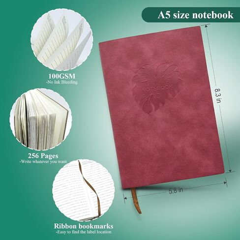 Leather Journal Notebook with Pen, A5 (5.8" x 8.3"), 256 Pages, Lined Paper, 100gsm Thick, Softcover Journals for Writing, Note Taking, Travel, Work, School, Diary, College Ruled, with Index Tabs Stickers (Red) in Saudi Arabia