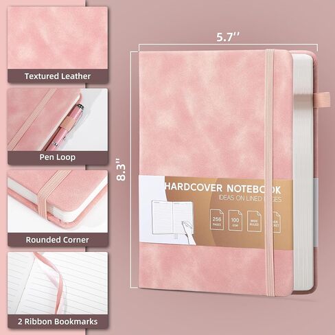Lined Journal for Women Men 256 Pages 100 Gsm Thick Textured Leather Journaling Notebooks for Writing A5 Wide Ruled Hardcover Notebook for Work School Note Taking, 5.7 x 8.3 In, Pink in Saudi Arabia
