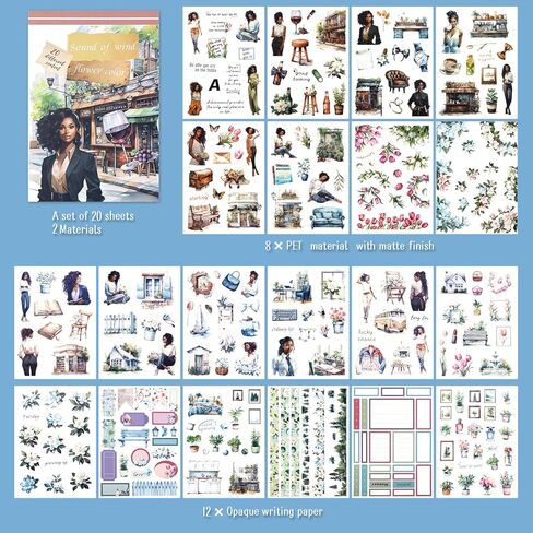 Dizdkizd Pre-Cut Journaling Sticker Book, 20 Sheets - 270 PCS Fashion Colored Women Planner Sticker, PET & Paper Scrapbook Sticker Set Bullet Junk Journal Supplies in Kuwait