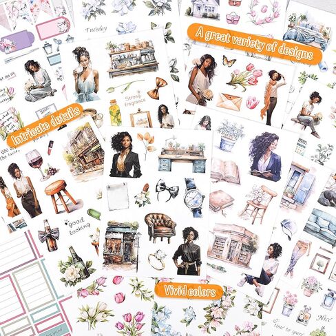 Dizdkizd Pre-Cut Journaling Sticker Book, 20 Sheets - 270 PCS Fashion Colored Women Planner Sticker, PET & Paper Scrapbook Sticker Set Bullet Junk Journal Supplies in Kuwait