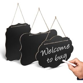 3 Pcs Hanging Chalkboard Sign with String, 6.7x9.1in Double-Sided Wood Erasable Small Chalk Board Sign Board Blackboard Menu Message Board Chalkboard for Wall