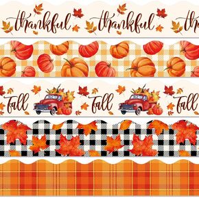 Whaline 69Ft Fall Bulletin Board Borders Pumpkin Truck Maple Leaf Plaid Adhesive Trim Border for Autumn Harvest Thanksgiving Classroom Office Decor