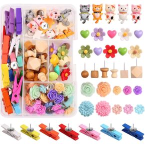 Decorative Push Pins Flower & Heart Thumb Tacks Wooden Pin Clips Board Tacks Assorted Cute Cat Push Pin Clips for Cork Board Wall Cubicle Accessories for Home Office Desk Accessories(75 PCS)