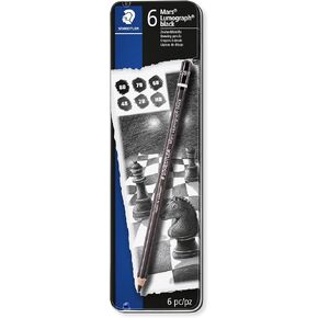 Staedtler Mars Lumograph Black, Carbon Blend Provides Jet Black Lines, Professional Art Pencils, Tin of 6 Assorted Black Sketch Pencils, 100B G6