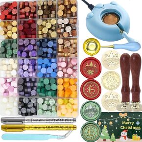 Santa Claus Wax Seal Stamp Set with 48 Colors Wax Seal Beads 624pcs，Electric Wax Seal Warmer Kit, 2Pcs Christmas Bell Elk Wax Seal Stamp, Sealing Wax Spoon, 2Pcs Wax Seal Pen, Tweezer, Card (S1)