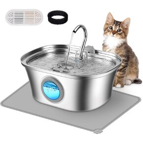 Cat Water Fountain with Water Level Window, One Set of Filter, 108oz/3.2L Pet Water Fountain for Cats/Dogs Inside, 304 Stainless Steel, Dishwasher Safe with Low Noise Pump, Filtration System