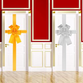gisgfim 2pcs Christmas Cabinet Big Bows Gold and Silver Bow Large Door Lace Christmas Tree Ribbon Gold and Silver Bow Holiday Decorations Christmas Front Door Party Supplies