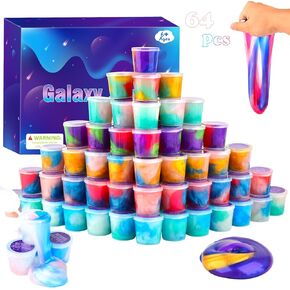 64 Pack Mini Galaxy Slime Kit Party Favors, Stretchy, Stress Relief, and Safe for Girls and Boys Classroom Reward, Valentine's Day Party Supplies,End of Year Student Gifts,Halloween Galaxy Slime Bulk