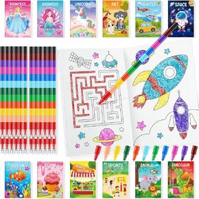 BenLouis Coloring Books for Kids With Stacking Crayons Set Mini Coloring Books Bulk for Ages 4-8-12 Small Activity Books for Birthday Party Gifts Goodie Bags Stuffers Travel（24+24Pcs Classic）