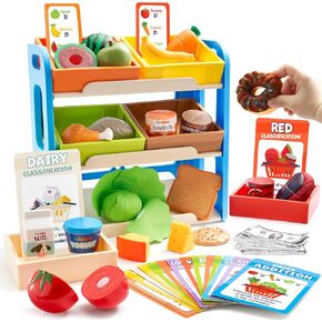 Play Food for Kids, Montessori Color Sorting Food Toy with Display Rack & 6 Boxes, Grocery Store Pretend Play Kitchen Playset for Toddlers 3+ Year Old, Christmas Birthday Gifts for Boys Girls