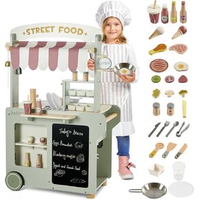 Wooden Food Cart, Kitchen Playset 50-Piece Toddler Pretend Play Grocery Store with Sink and Ice Maker, Kitchen Set for Kids Ages 3+, Gift for Boys and Girls