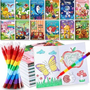 BenLouis Coloring Books for Kids With Stacking Crayons Set Mini Coloring Books Bulk for Ages 4-8-12 Small Activity Books for Birthday Party Gifts Goodie Bags Stuffers Travel（24+24Pcs Classic）