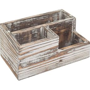 MyGift Rustic Torched Wood Desktop Office Stationery Organizer Tray with 3 Compartment, Multipuprose Caddy Remote Control and Media Storage Holder