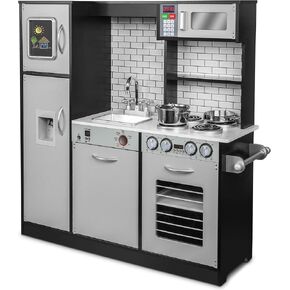 Lil' Jumbl Kids Kitchen Set, Pretend Wooden Play Kitchen, Battery Operated Icemaker, Burners, Faucet & Microwave Makes Realistic Sound & Light, Pots & Pan Included - Charcoal