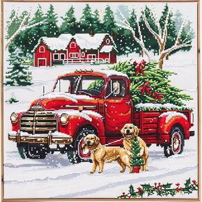 Generic Red Truck with Christmas Tree Golden Retrievers DIY 11CT Stamped Cross Stitch Kits for Beginners Easy Needlepoint Embroidery Counted Cross Stitch Art Craft for Wall Decoration 14x14inch(12)