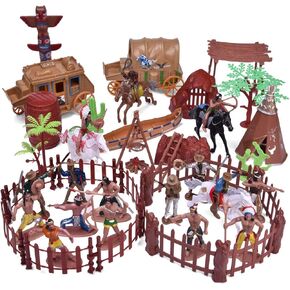 FUN LITTLE TOYS 61 PCs Wild West Cowboys and Indians Plastic Figures Toys, Toy Soldiers for Kids, Wild West Figure Playset with Horse, Tent, Army Men Boy's War Game, Educational Toys, Birthday Gift