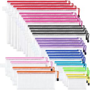 JARLINK 30 Pack 8 Sizes Zipper Mesh Pouch, 10 Colors, Waterproof, PVC Material, Ideal for Office, Travel, Storage