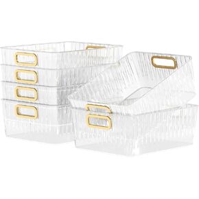 Kekow 6-Pack Clear Pantry Organizer Bins, Plastic Storage Bins with Handle for Kitchen, Refrigerator, Freezer, Cabinet, Closet