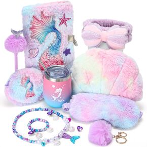 9 Pcs Mermaid Gifts Sets with Shell Luminous Plush Dolls, Secret Diary, Mermaid Wallet, Headband, Eye Mask, Tumbler, Pens, Plush Key Rings, Necklace for Mermaid Party Favors Gifts