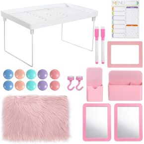 OMISTAR Locker Accessories Magnetic 22 PCS Locker Organizer Kit,Pink Locker Accessories,Locker Organizing Decorating Kit,Locker Shelf with Fluffy Rug,Adsorptive Mirror Storage Box Whiteboard Marker